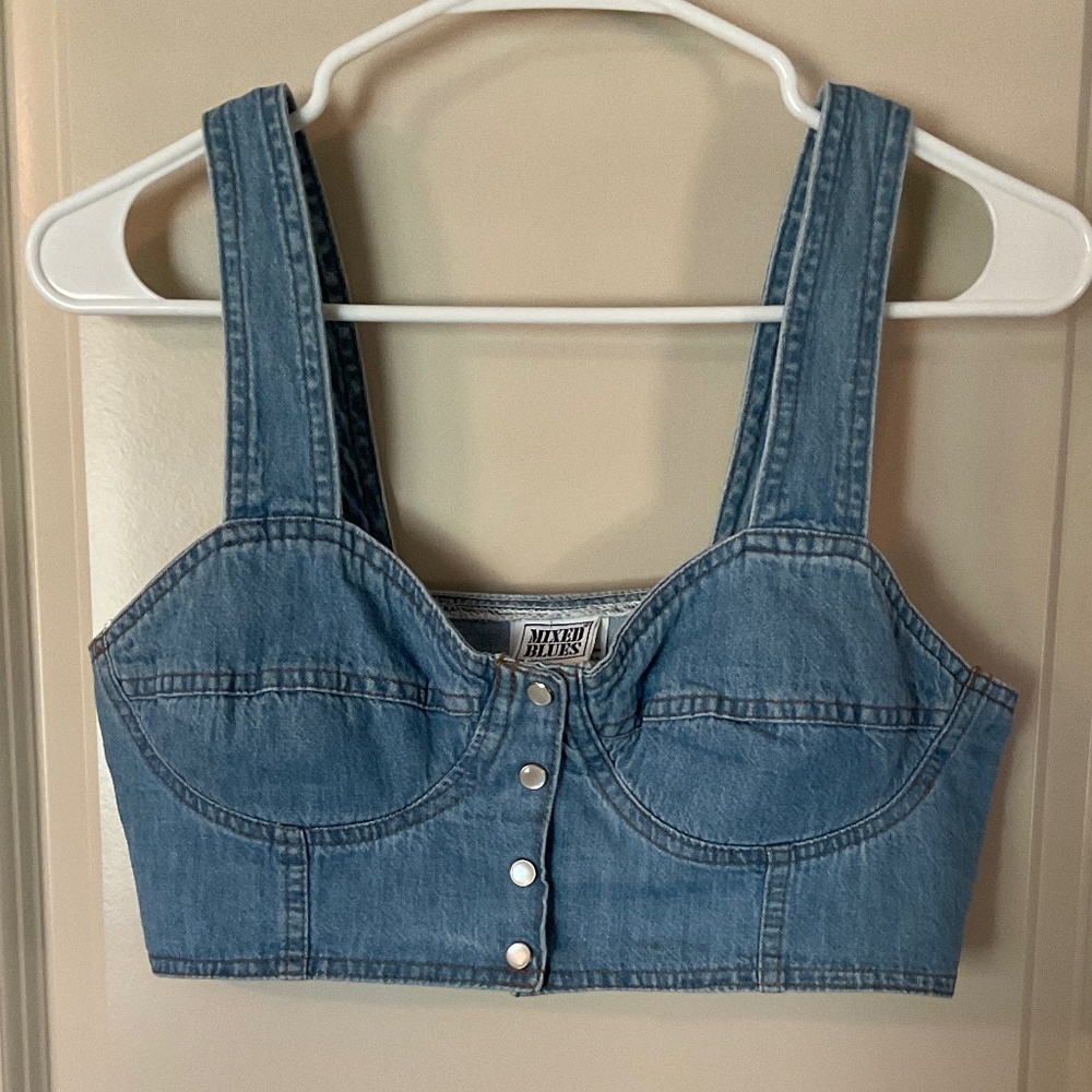 Mixed Blues Denim Bustier Crop Top Juniors Size L Vintage
